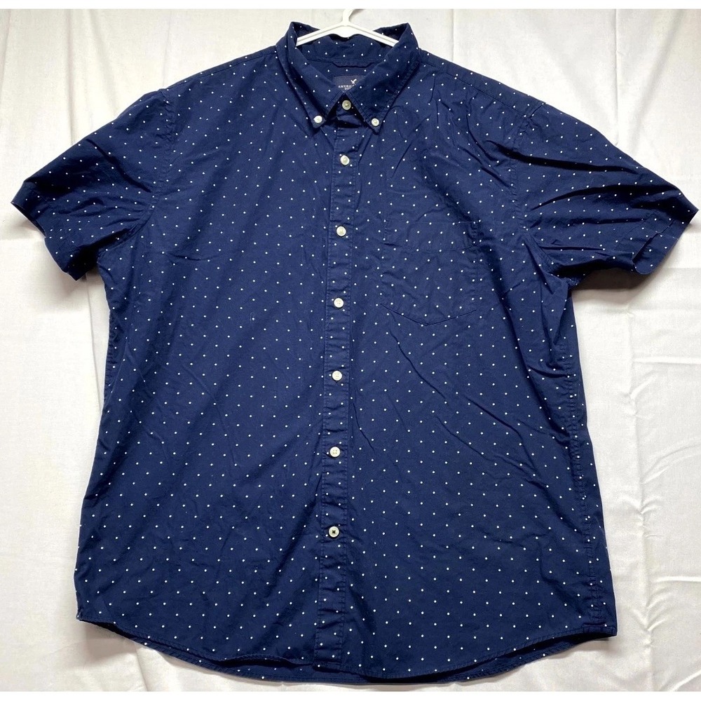 American Eagle Shirt Mens XL Navy Blue Polka Dot Short Sleeve Casual Button Down
